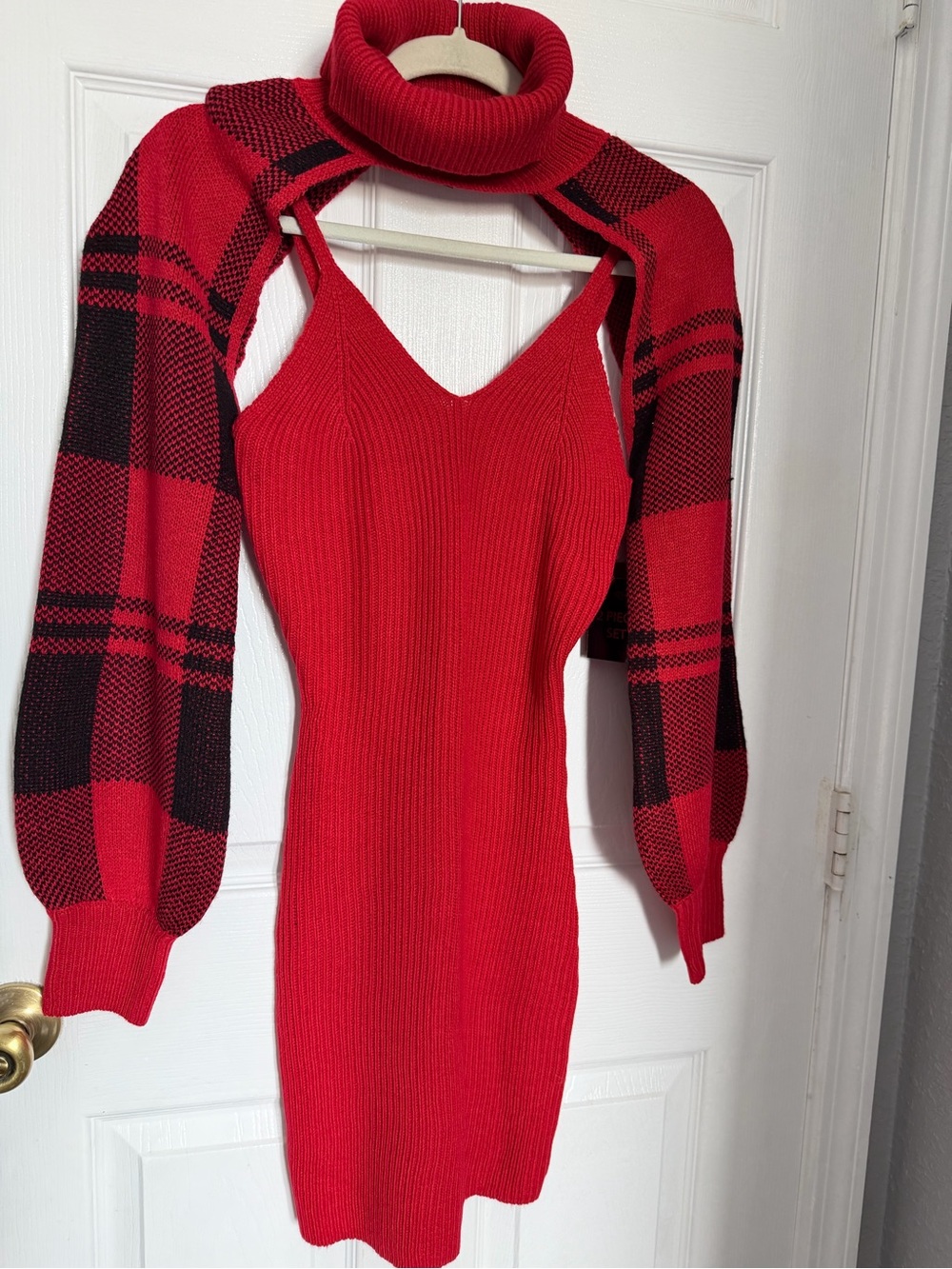 Red Ribbed Knit Slip Dress with Plaid Sleeves